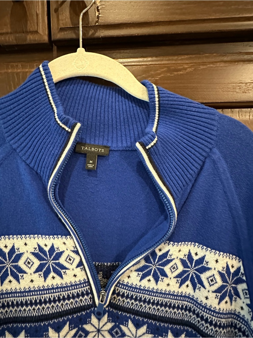 Talbots Men's Royal Blue Zip-Up Fair Isle Sweater with White Accents